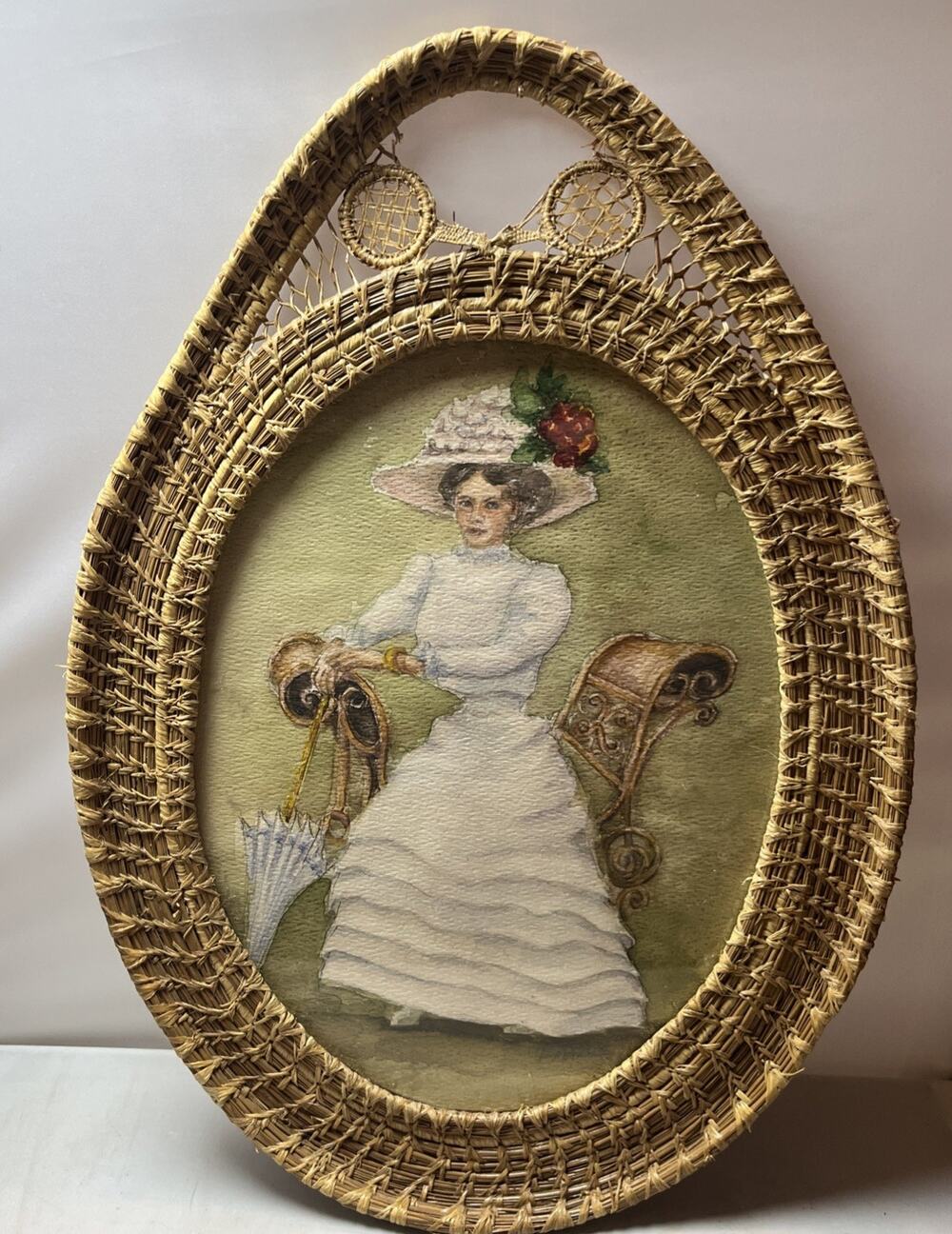 Woven Coiled Grass Antique Frame with Original Edwardian Lady Drawing